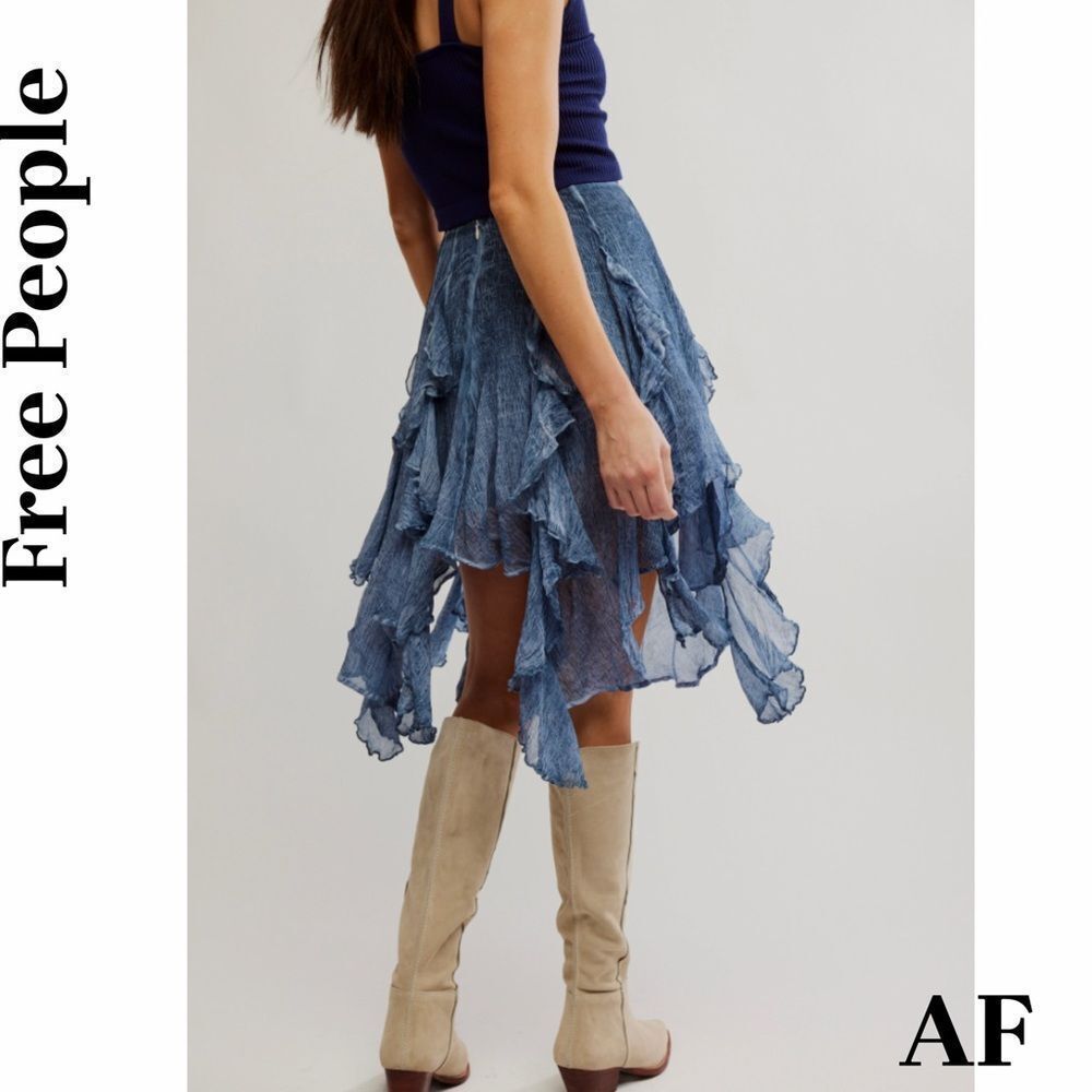 Free People Suzanna Ruffled Asymmetrical Skirt in Dark Denim Blue Medium New